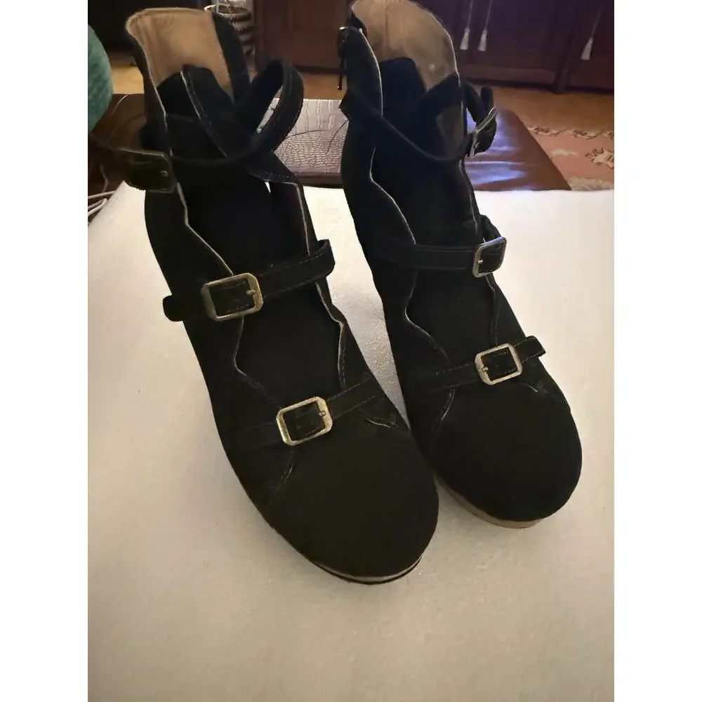 See by Chloe | Solfo Black Suede Leather Buckle Wood Platform Boho Booties 38 8
